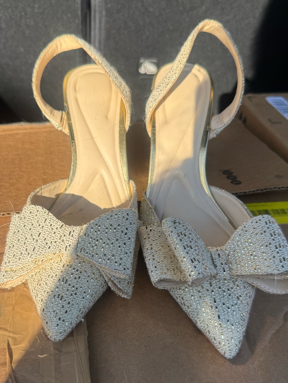 Jessica Simpson Sparkle Bow Pointed-Toe Slingback Heels in Ivory